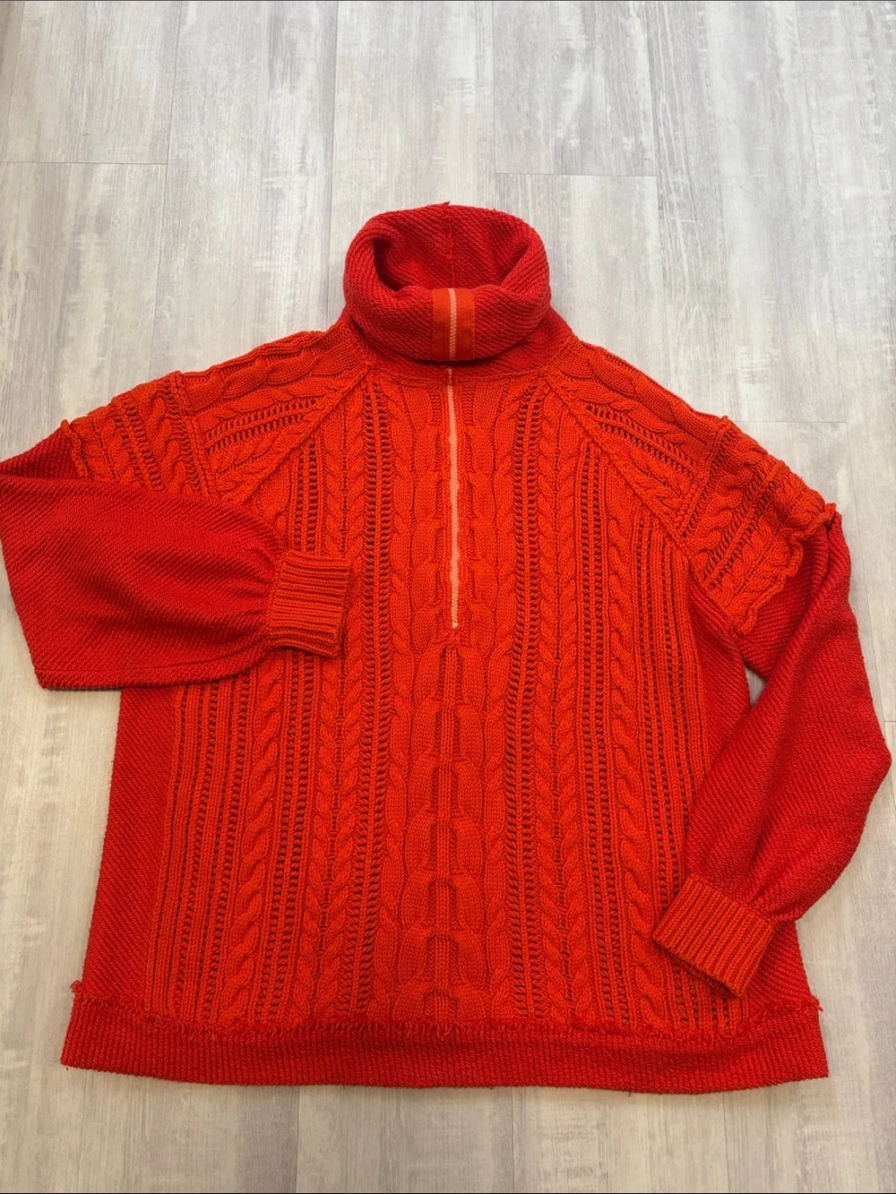 Free People Red Cable-Knit Half-Zip Turtleneck Sweater Wool Cotton